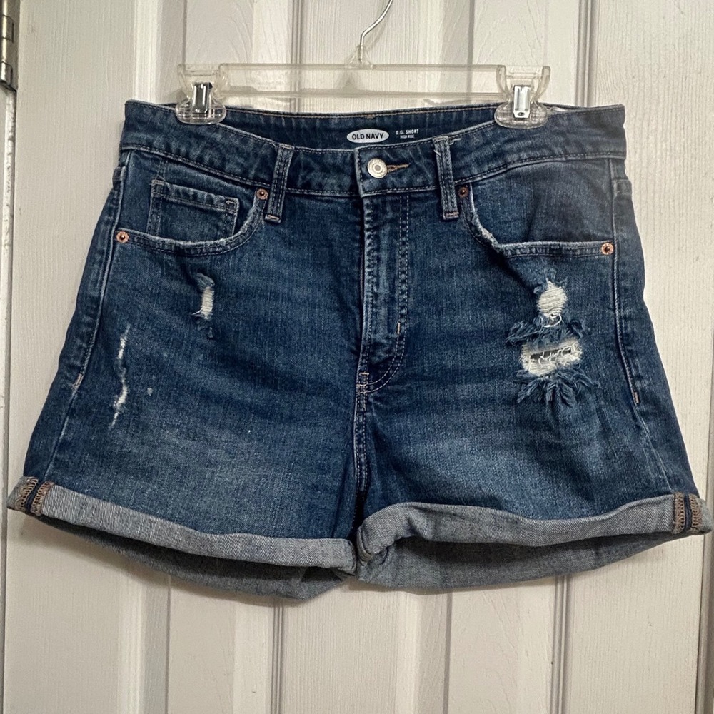Old Navy O.G. Short High Rise Distressed Denim Shorts Dark Wash Blue Womens 12